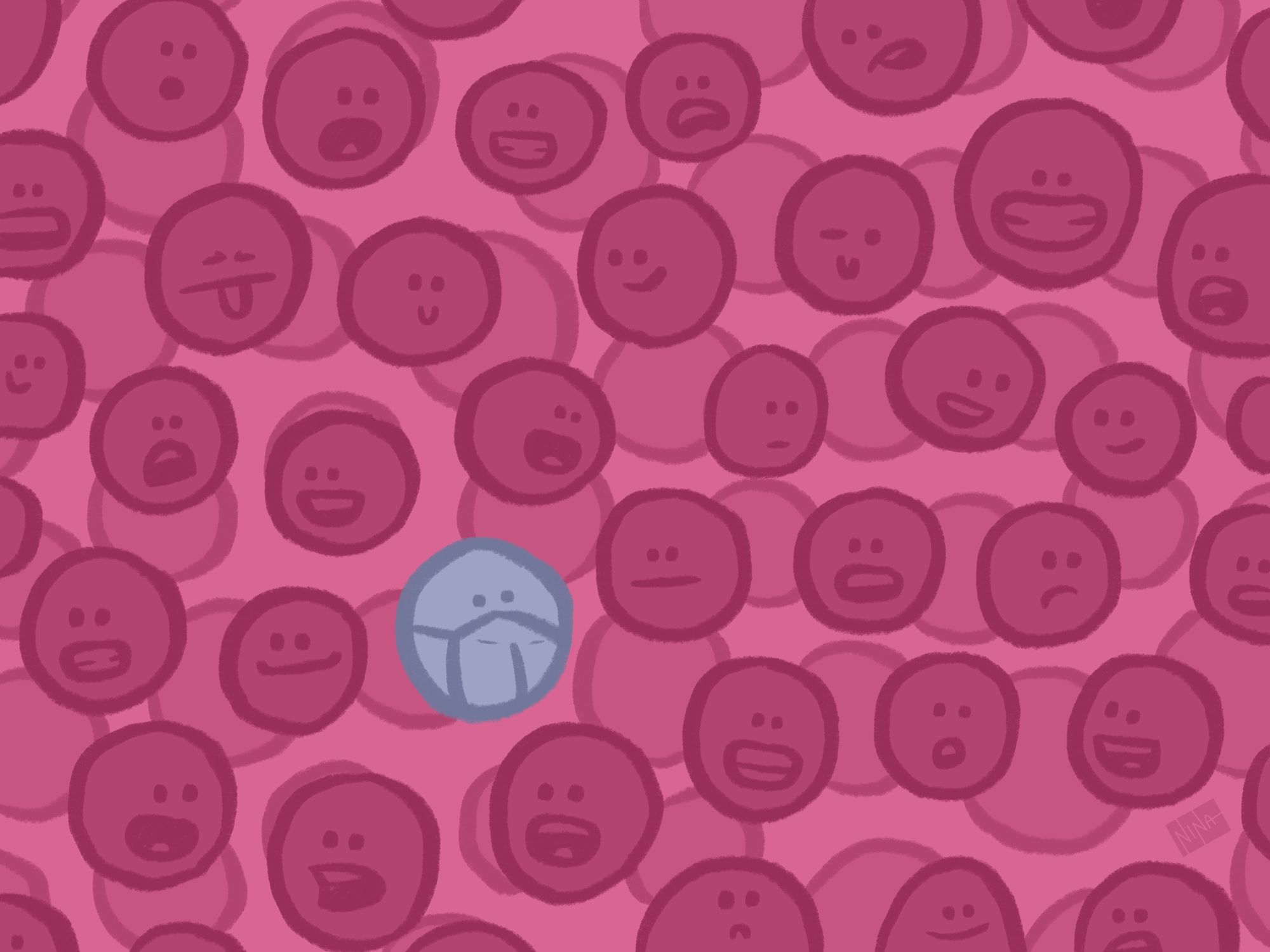 A graphic of a sea of pink unmasked faces with one blue masked face.