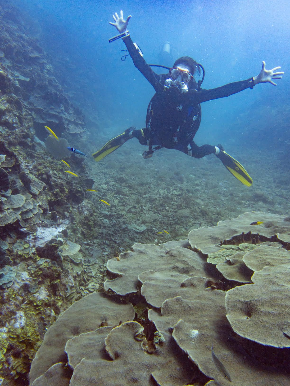 Berwald floating near the reef in scuba gear, legs and arms outstretched starfish-style.