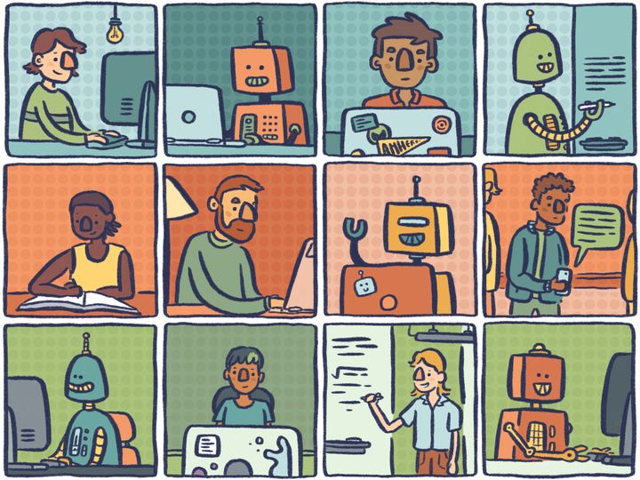 Twelve colored boxes depict humans and robots on computers or writing and working in classrooms.