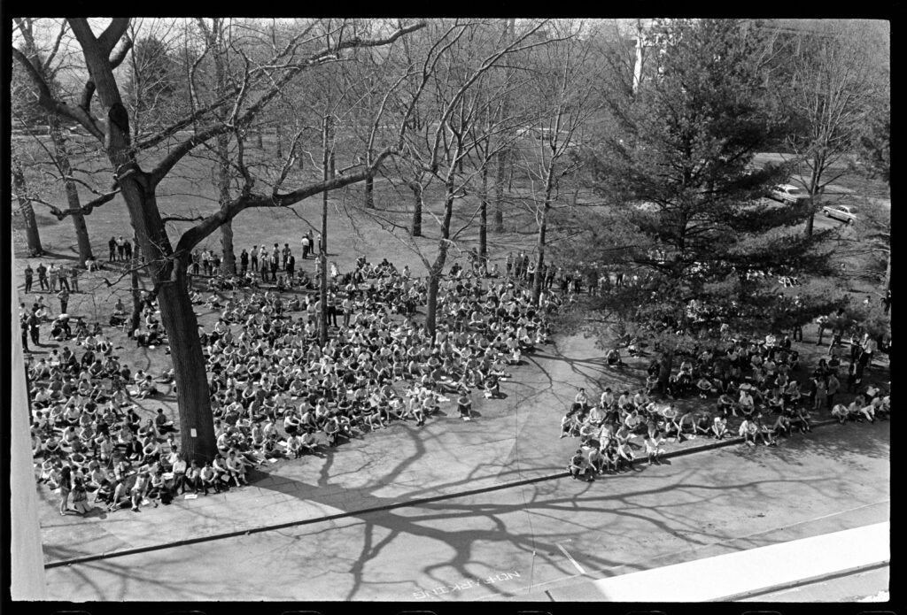 Hundreds of students gather on the quad outside of Converse in 1969 as part of the college’s moratorium that halted classes to address the role of racism on campus